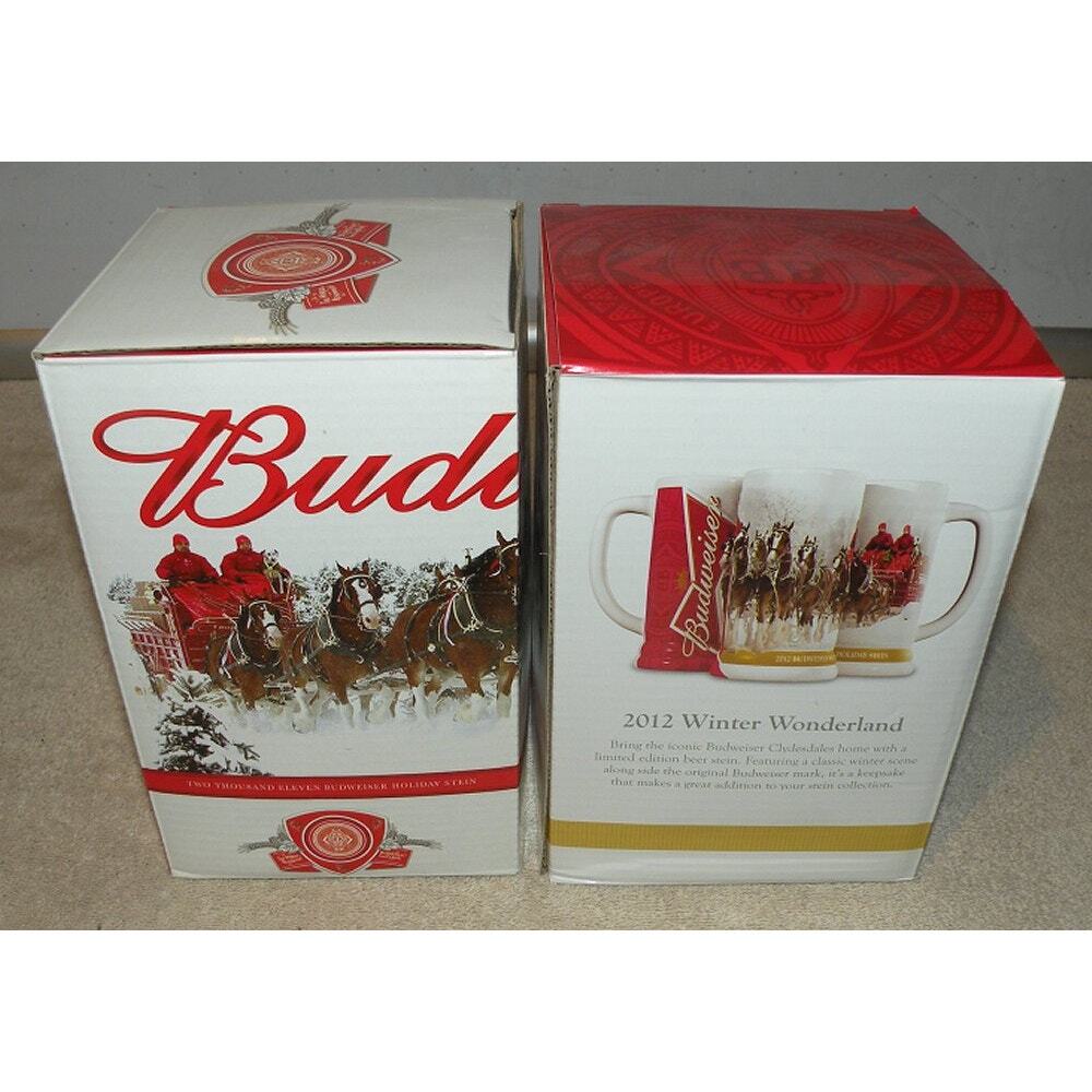 Lot 2 Budweiser Holiday Steins 2011 and 2012 New In Box COA